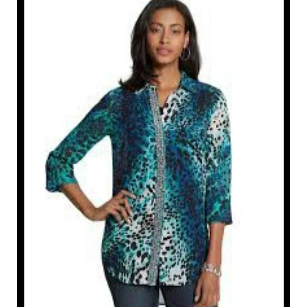 CHICO'S Multi Color Watercolor Spots Summer Top Button Front Shirt Top Sz 1